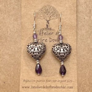 boucles 'oreilles amethyste et coeur en argent